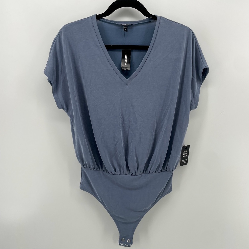 Express V-Neck Shirt Bodysuit Dusty Blue Short Sleeves XS New